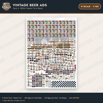 Alpine Railworks 30076N N Scale Vintage Beer Ads - 1950s Tavern Tin
