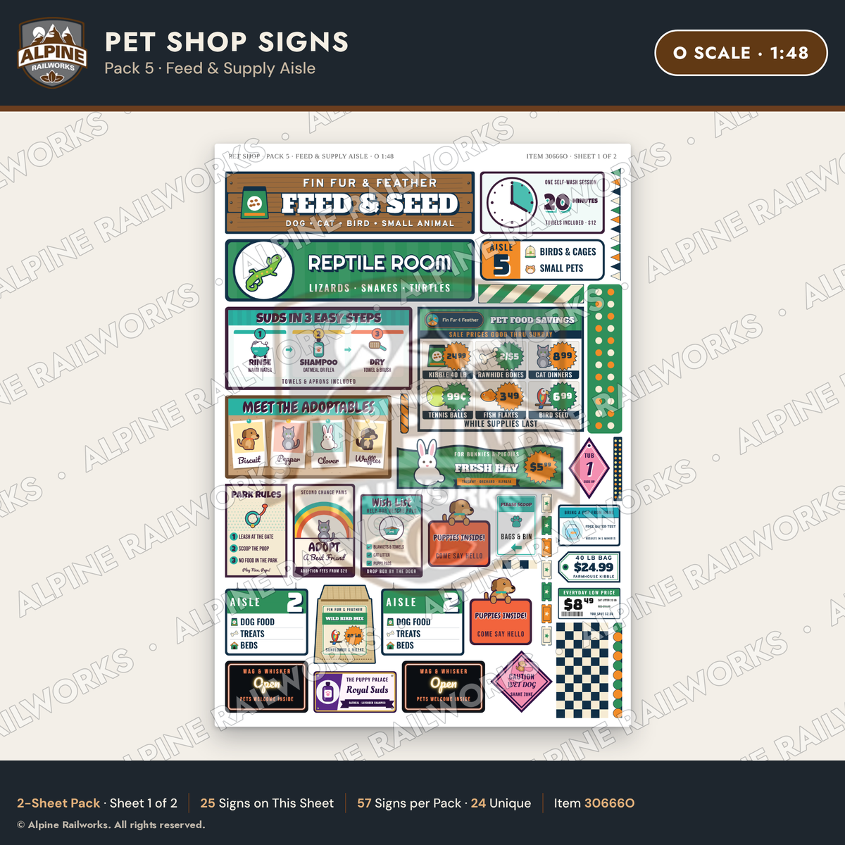Alpine Railworks 30666O O Scale Pet Shop Signs - Feed & Supply Aisle