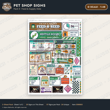 Alpine Railworks 30666O O Scale Pet Shop Signs - Feed & Supply Aisle