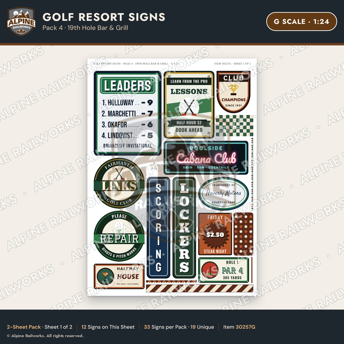 Alpine Railworks 30257G G Scale Golf Resort Signs - 19th Hole Bar