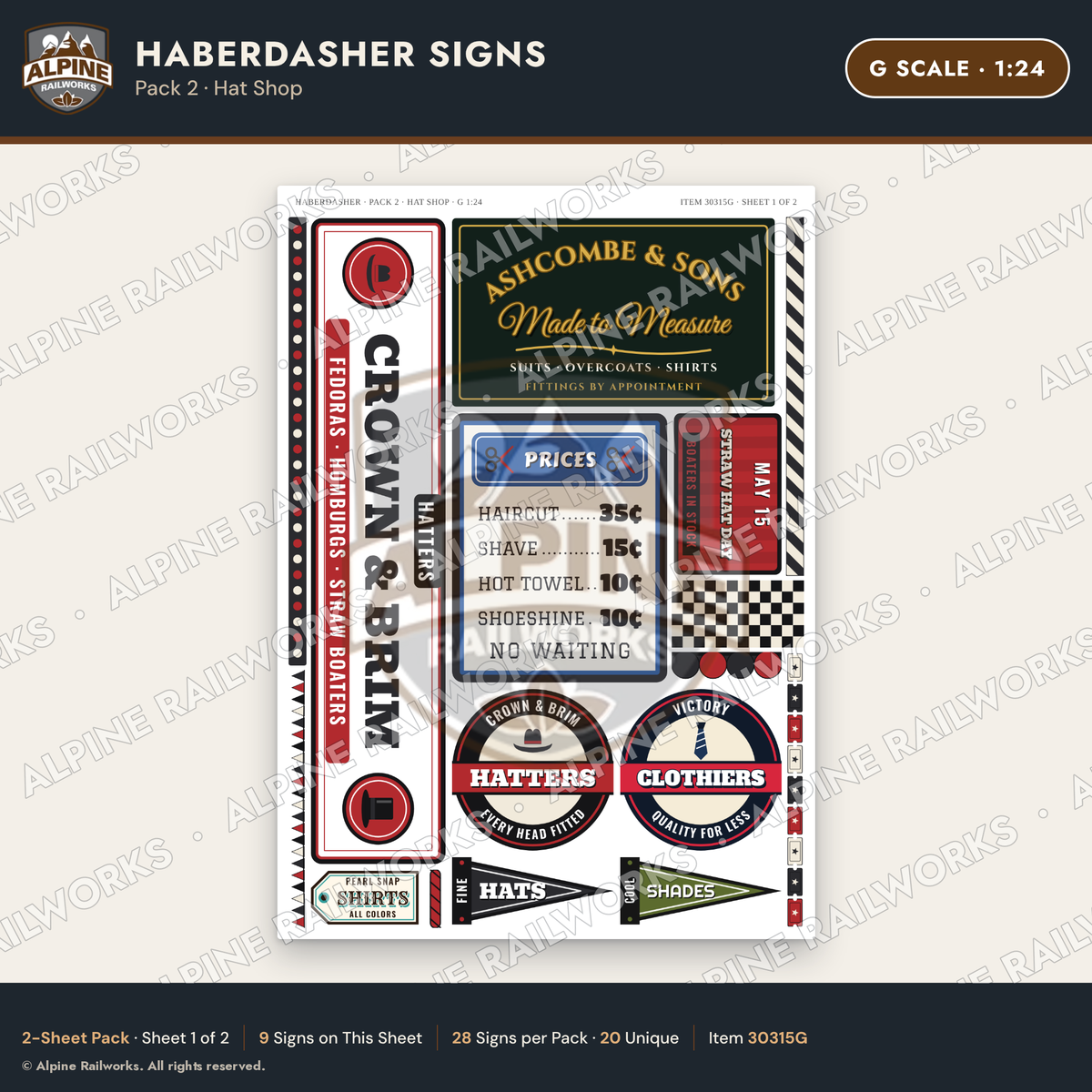 Alpine Railworks 30315G G Scale Haberdasher Signs - Hat Shop
