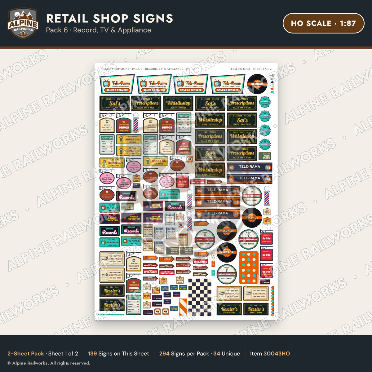 Alpine Railworks 30043HO HO Scale Retail Shop Signs - Record & TV