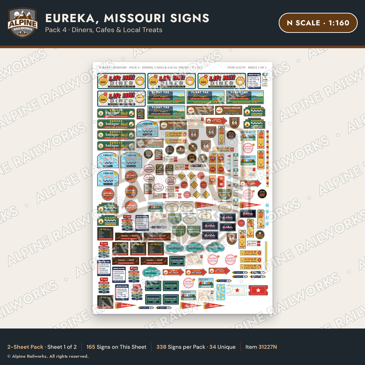 Alpine Railworks 31227N N Scale Eureka MO Signs - Diners & Cafes