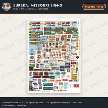 Alpine Railworks 31227N N Scale Eureka MO Signs - Diners & Cafes