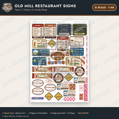 Alpine Railworks 31202O O Scale Old Mill Signs - Pottery & Candy Shop