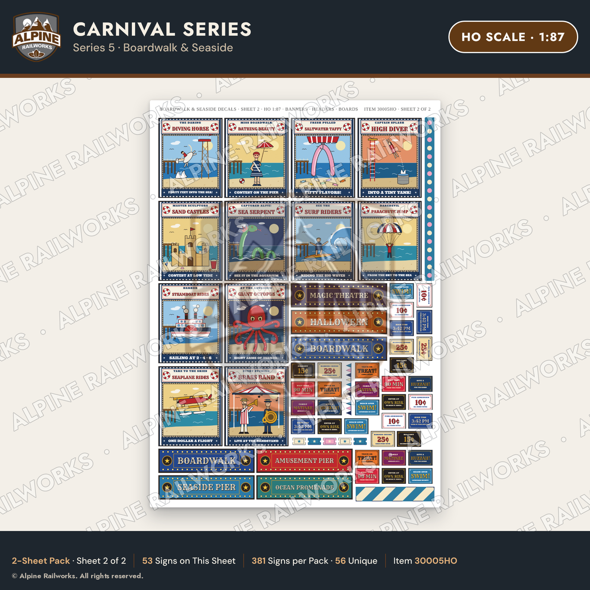 Alpine Railworks 30005HO HO Scale Carnival Signs - Boardwalk & Seaside