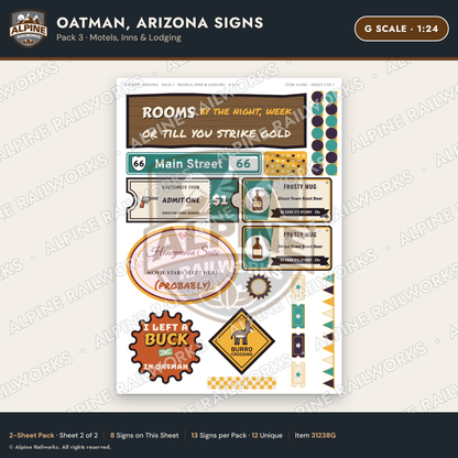 Alpine Railworks 31238G G Scale Oatman AZ Signs - Motels & Inns