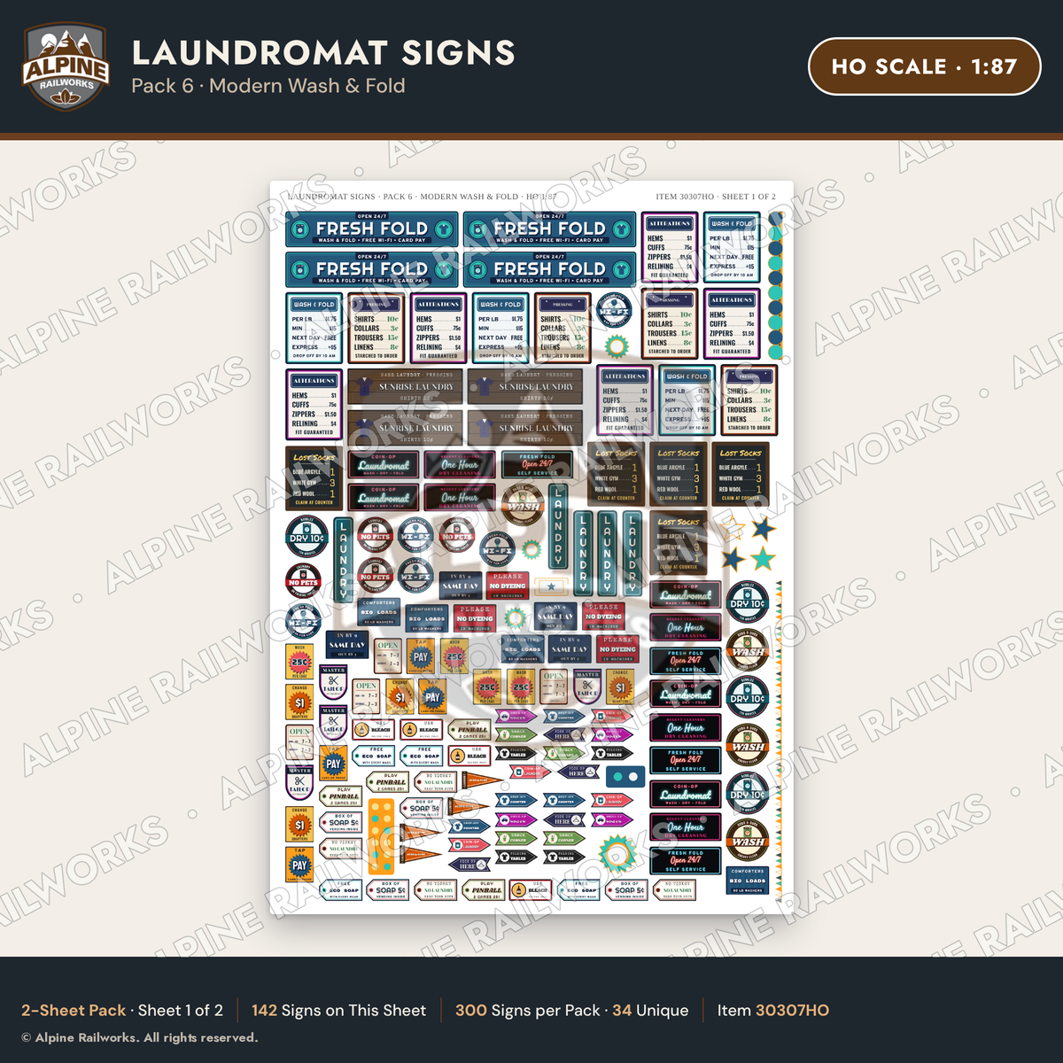 Alpine Railworks 30307HO HO Scale Laundromat Signs - Modern Wash