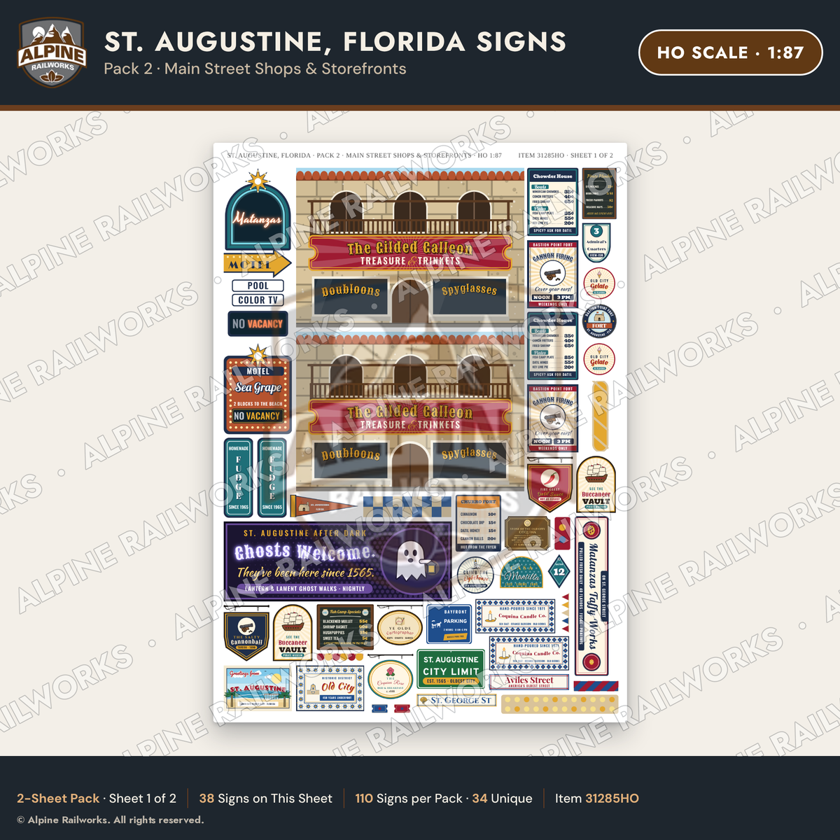 Alpine Railworks 31285HO HO Scale St. Augustine FL Signs - Shops