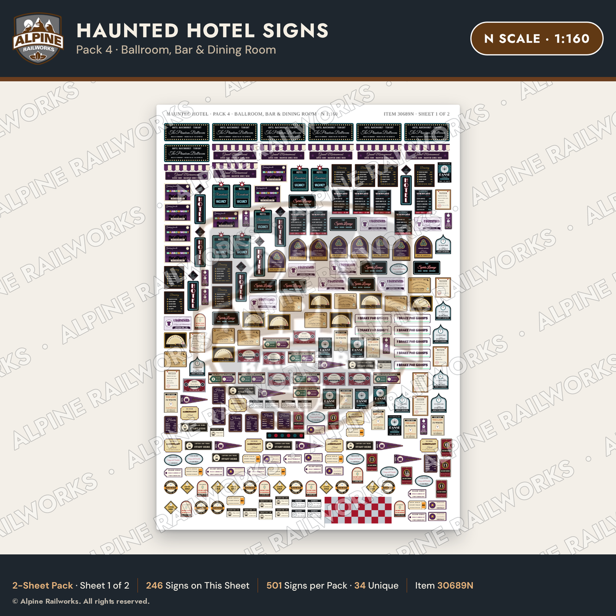 Alpine Railworks 30689N N Scale Haunted Hotel Signs - Ballroom & Bar