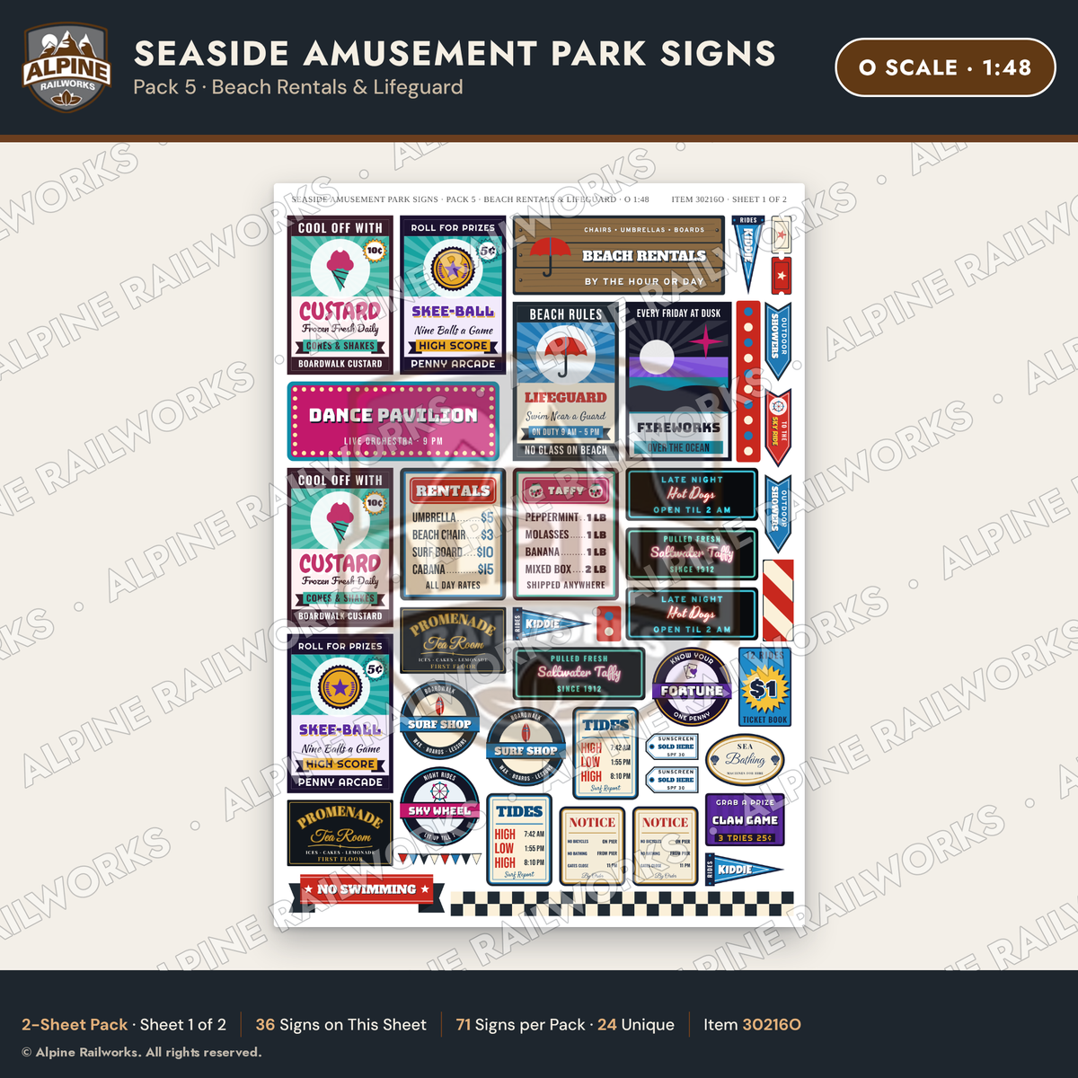 Alpine Railworks 30216O O Scale Seaside Amusement Park Signs