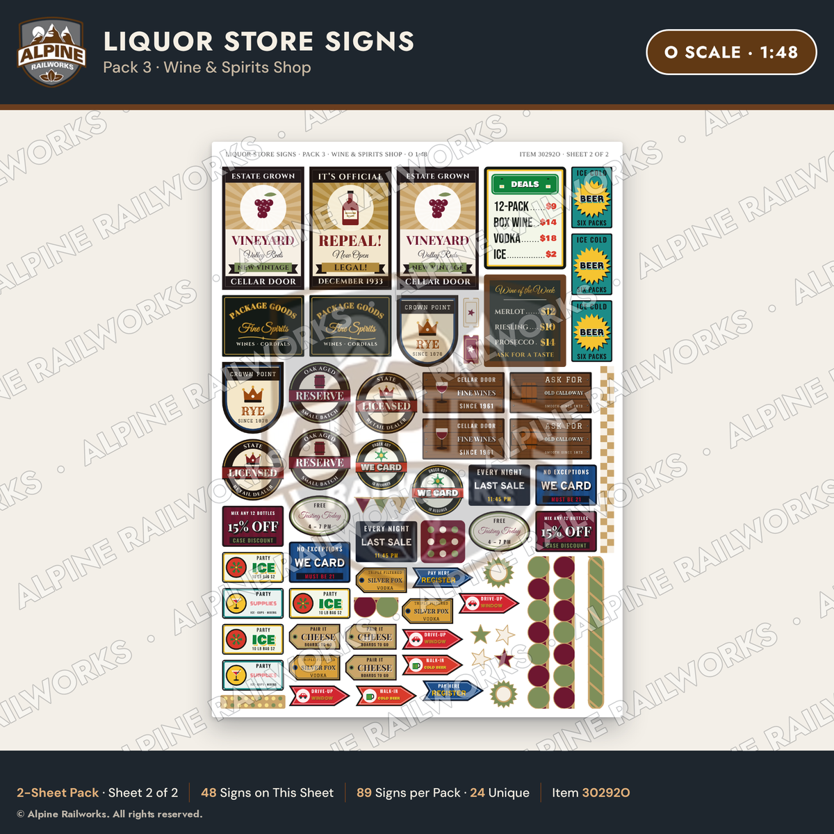 Alpine Railworks 30292O O Scale Liquor Store Signs - Wine
