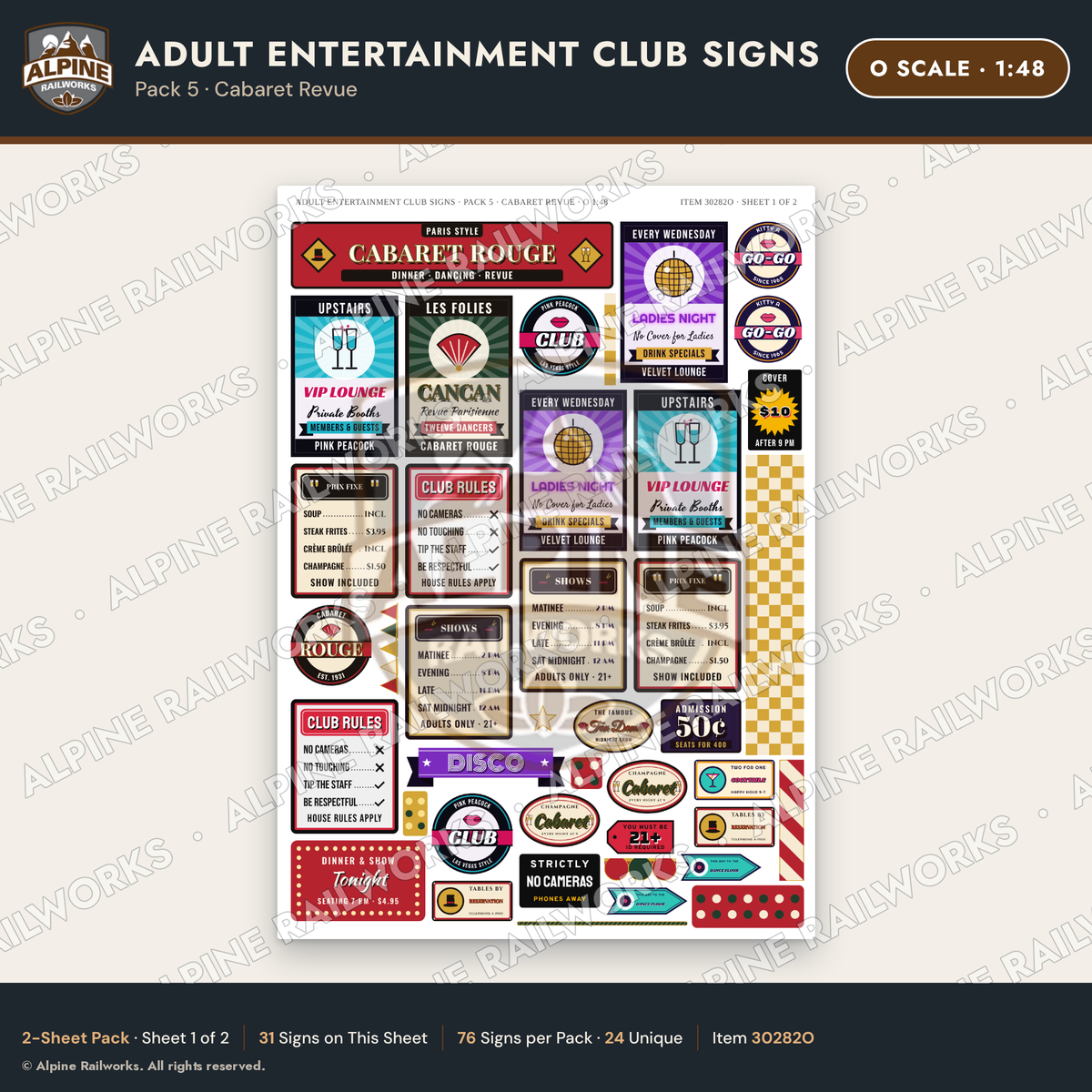 Alpine Railworks 30282O O Scale Adult Entertainment Club Signs