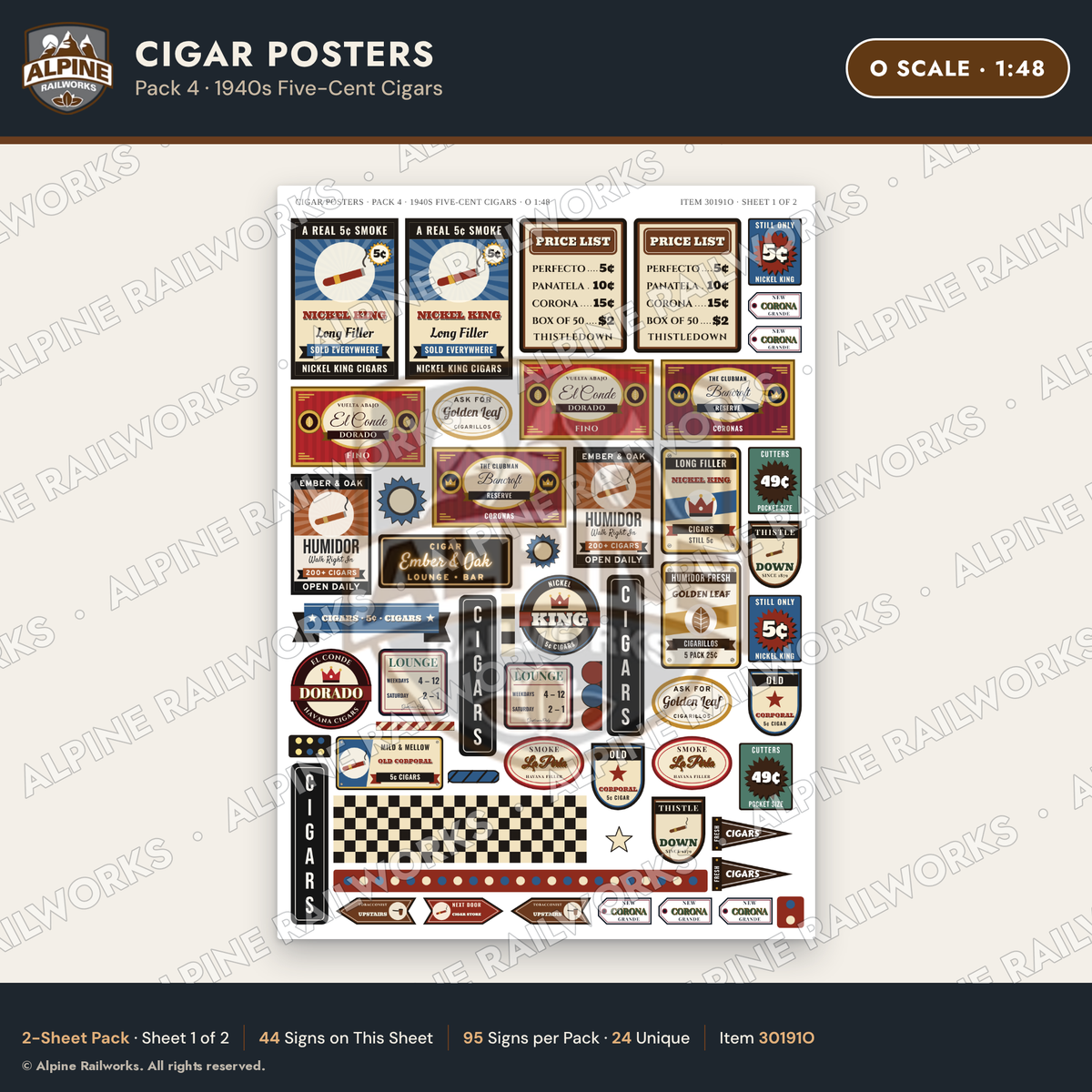 Alpine Railworks 30191O O Scale Cigar Posters - 1940s Five-Cent Cigars