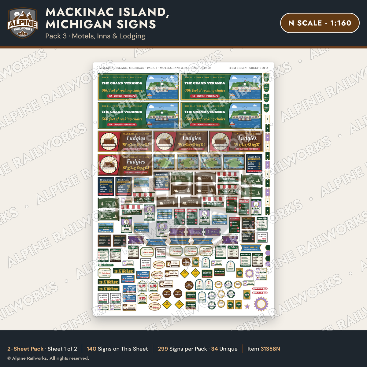 Alpine Railworks 31358N N Scale Mackinac Island Signs - Motels & Inns