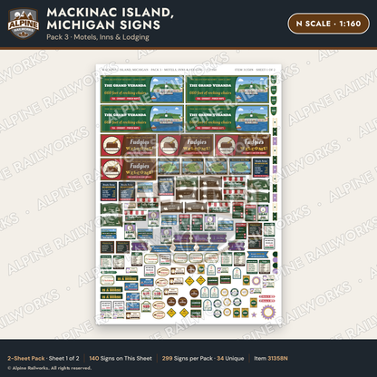 Alpine Railworks 31358N N Scale Mackinac Island Signs - Motels & Inns