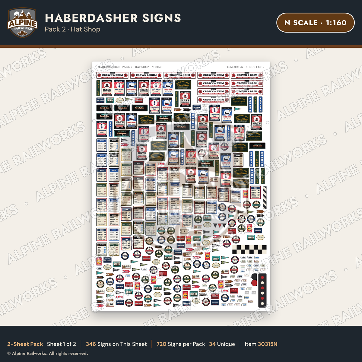 Alpine Railworks 30315N N Scale Haberdasher Signs - Hat Shop