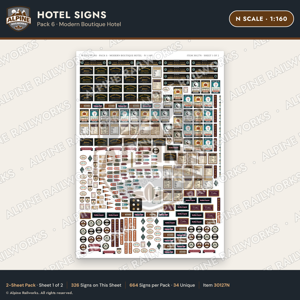 Alpine Railworks 30127N N Scale Hotel Signs - Modern Boutique Hotel
