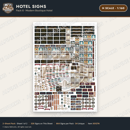 Alpine Railworks 30127N N Scale Hotel Signs - Modern Boutique Hotel