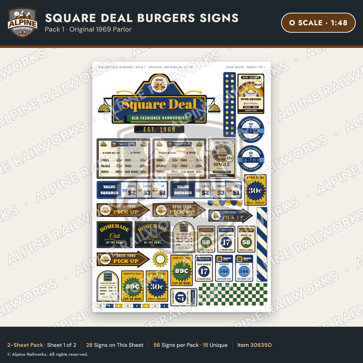 Alpine Railworks 30635O O Scale Fast Food Signs - Square Burgers