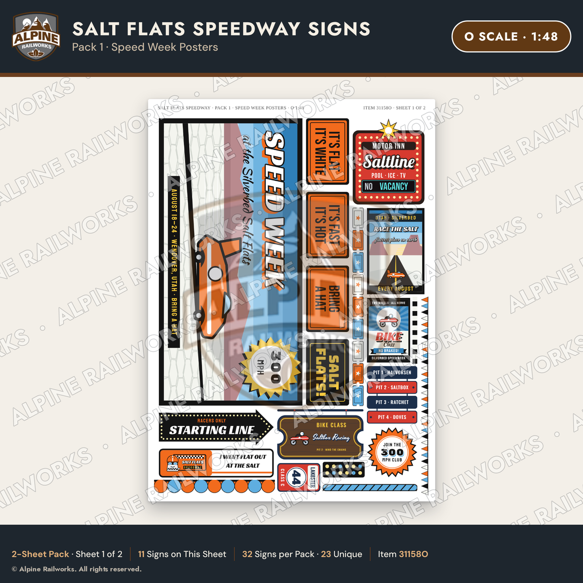 Alpine Railworks 31158O O Scale Racing Signs - Salt Flats Speedway