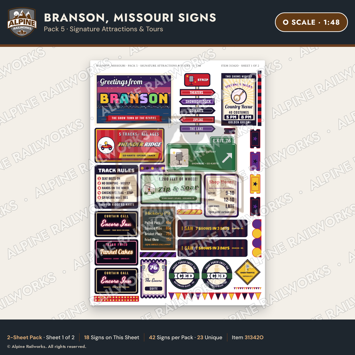 Alpine Railworks 31342O O Scale Branson MO Signs - Attractions & Tours