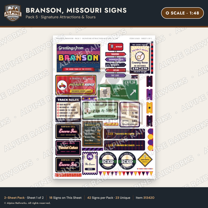Alpine Railworks 31342O O Scale Branson MO Signs - Attractions & Tours