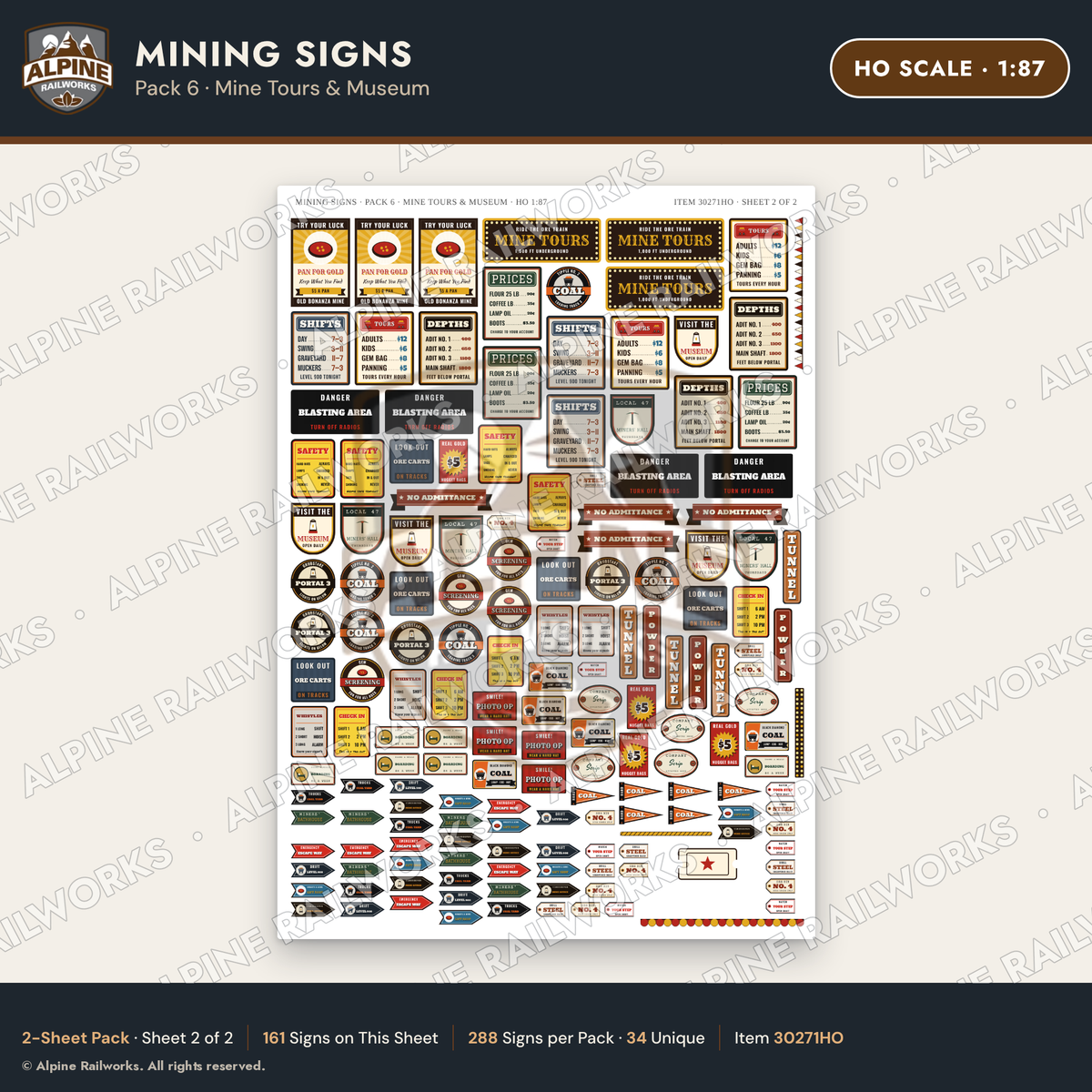 Alpine Railworks 30271HO HO Scale Mining Signs - Mine Tours & Museum