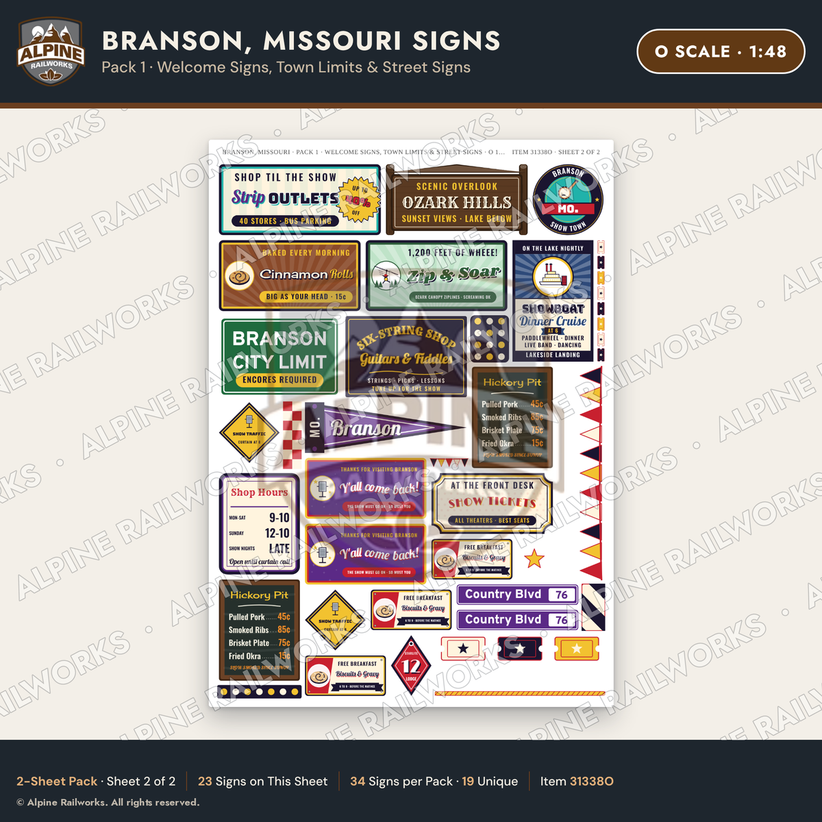 Alpine Railworks 31338O O Scale Branson MO Signs - Welcome Signs