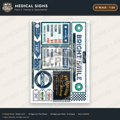Alpine Railworks 30321G G Scale Medical Signs - Dentist & Optometrist