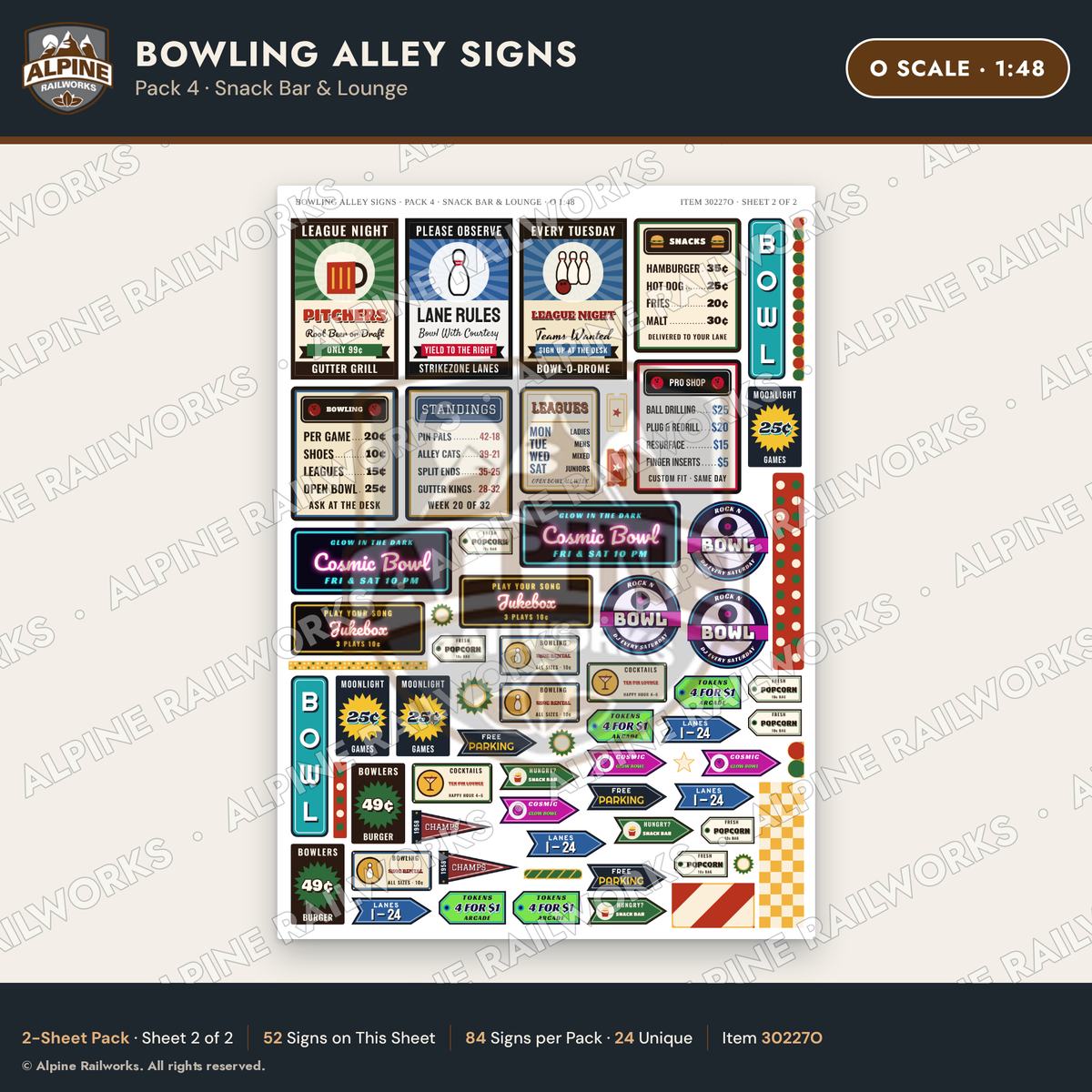 Alpine Railworks 30227O O Scale Bowling Alley Signs - Snack Bar