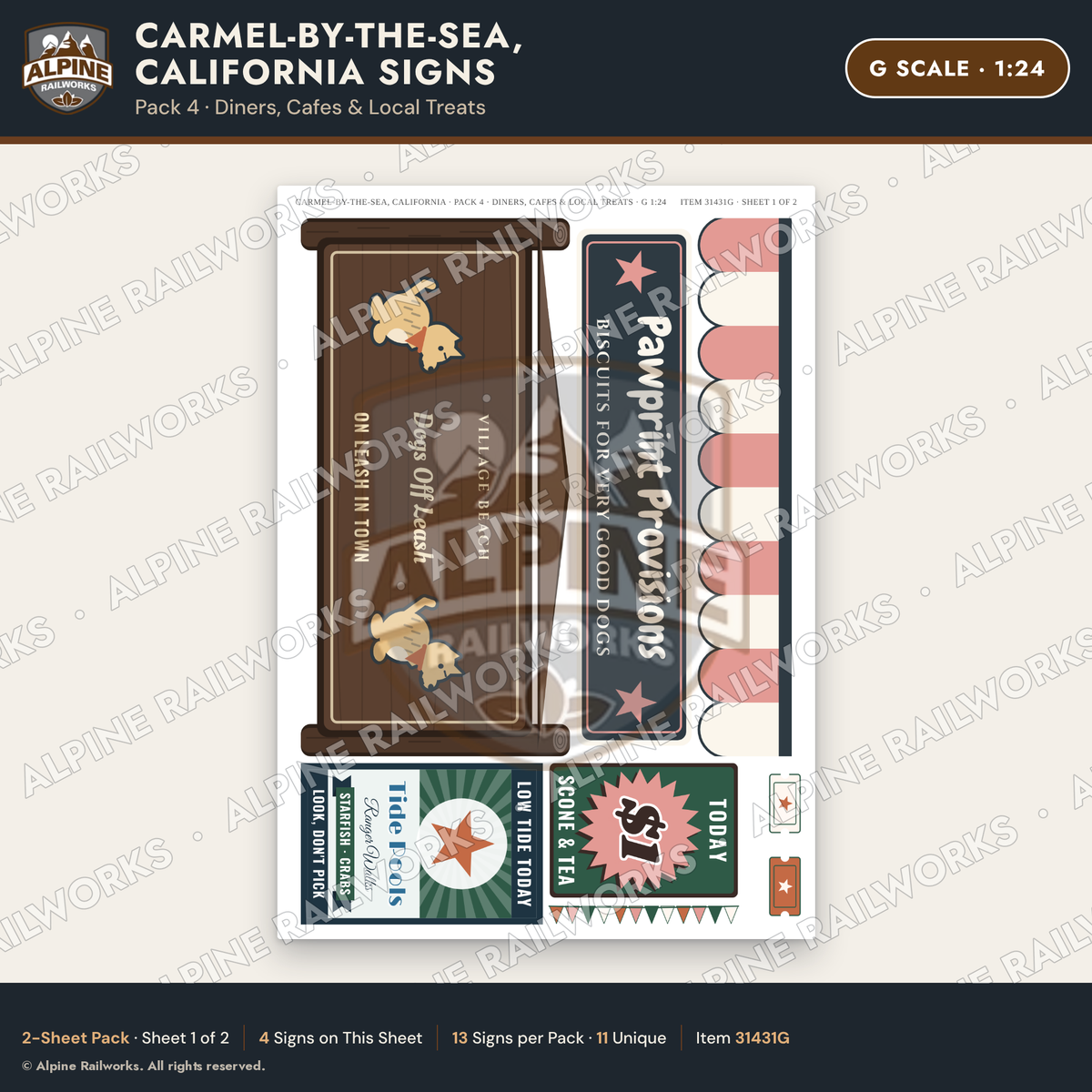 Alpine Railworks 31431G G Scale Carmel CA Signs - Diners & Cafes