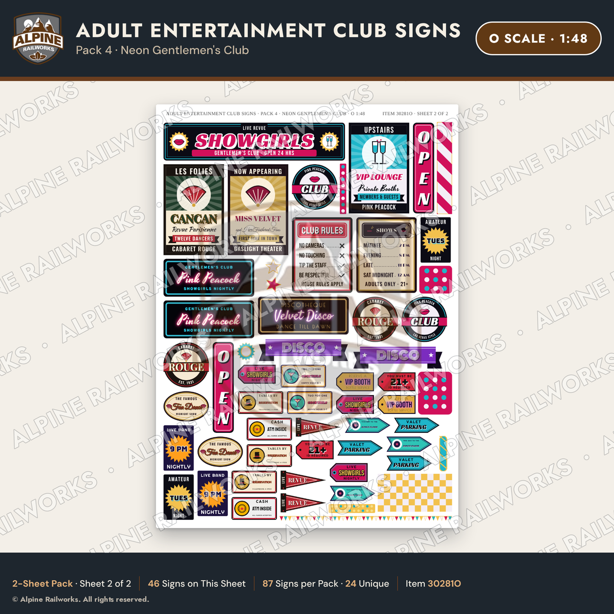 Alpine Railworks 30281O O Scale Adult Entertainment Club Signs