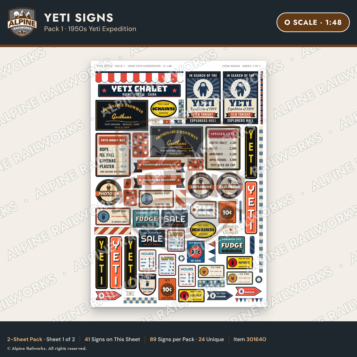 Alpine Railworks 30164O O Scale Yeti Signs - 1950s Yeti Expedition