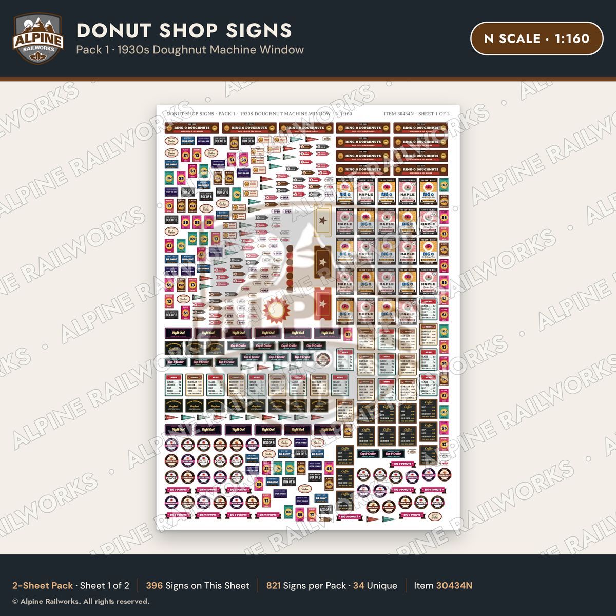 Alpine Railworks 30434N N Scale Donut Shop Signs