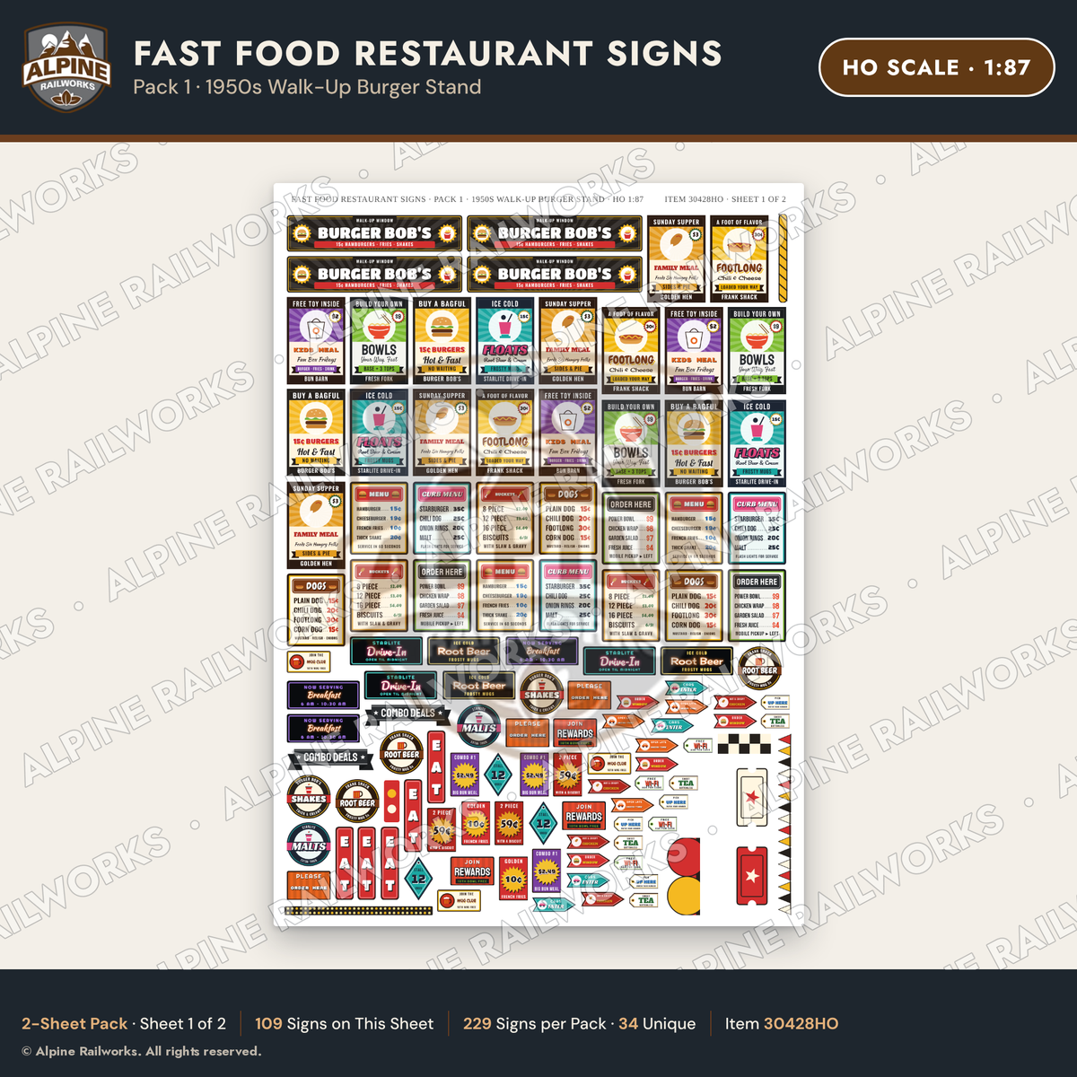 Alpine Railworks 30428HO HO Scale Fast Food Restaurant Signs