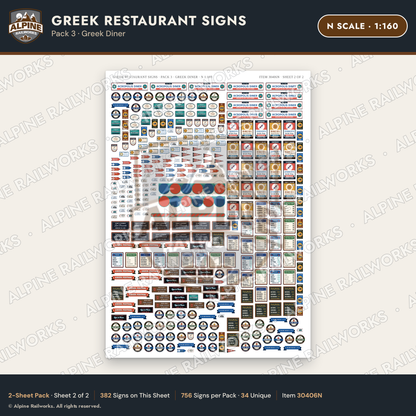 Alpine Railworks 30406N N Scale Greek Restaurant Signs - Greek Diner