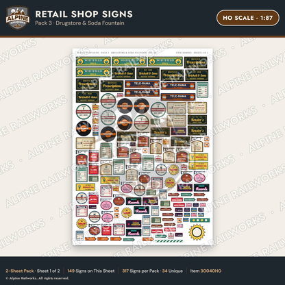 Alpine Railworks 30040HO HO Scale Retail Shop Signs - Drugstore