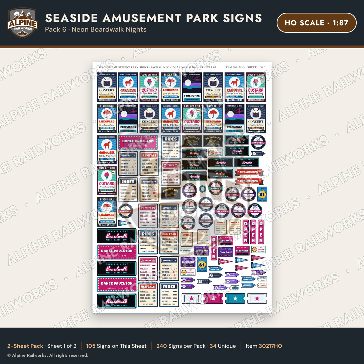 Alpine Railworks 30217HO HO Scale Seaside Amusement Park Signs