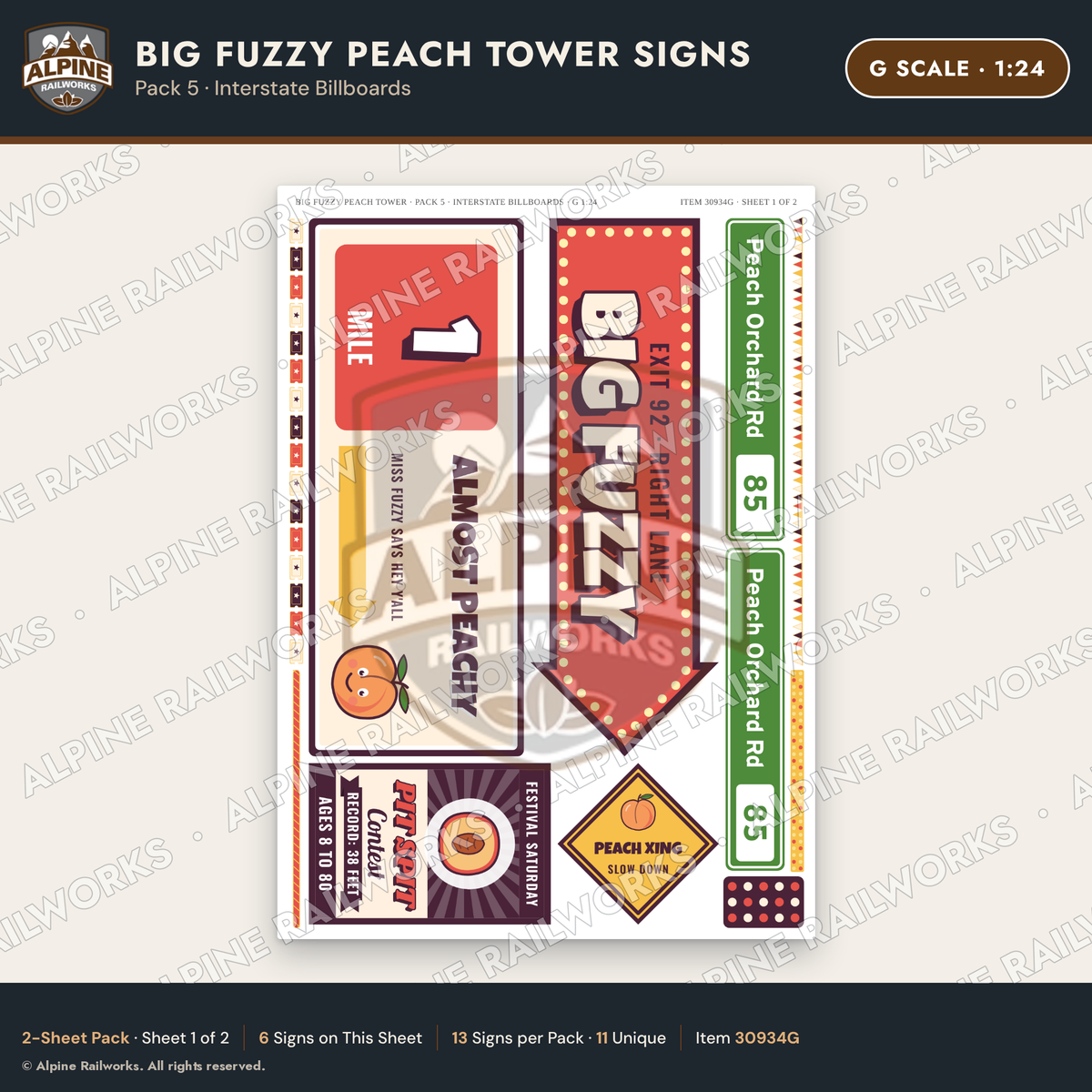 Alpine Railworks 30934G G Scale Roadside Signs - Peach Water Tower
