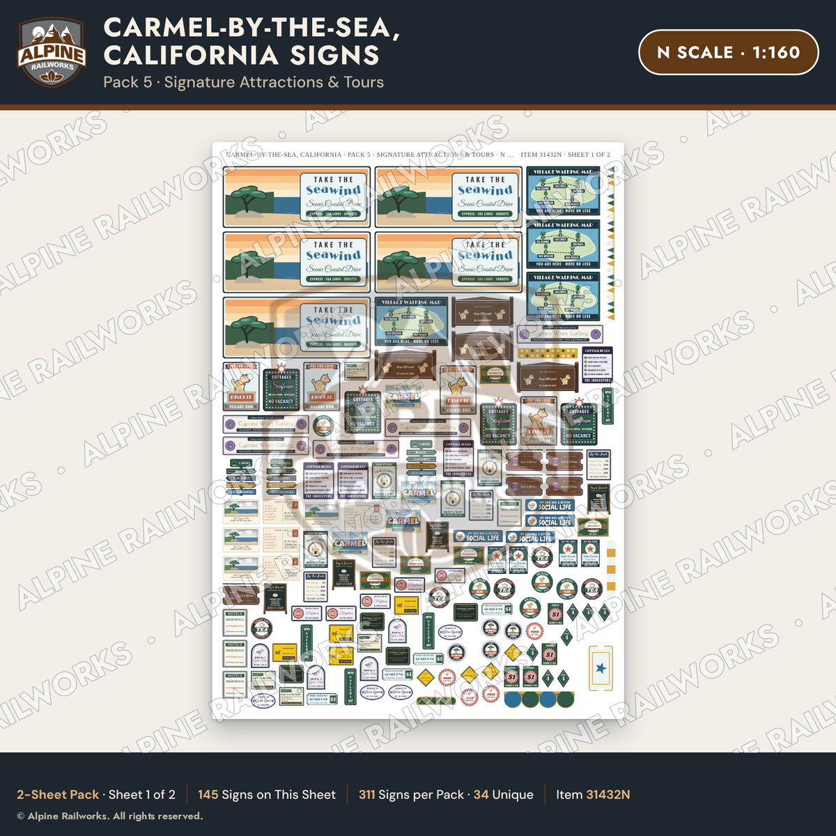 Alpine Railworks 31432N N Scale Carmel CA Signs - Attractions & Tours