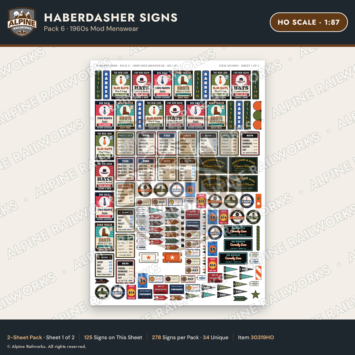 Alpine Railworks 30319HO HO Scale Haberdasher Signs - Mod Menswear