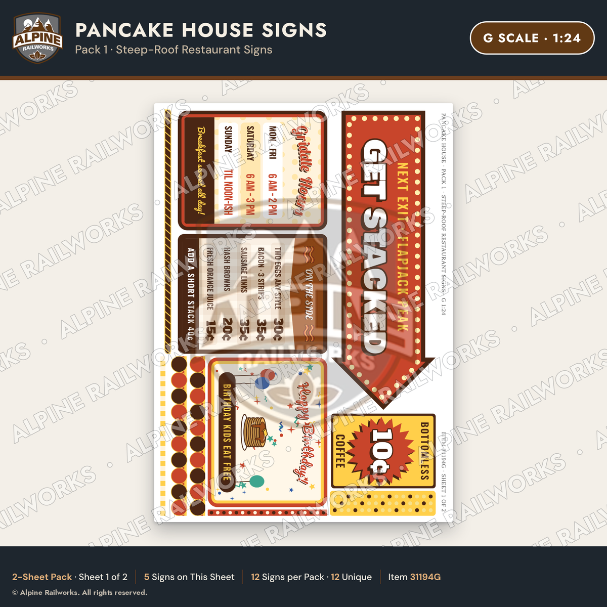 Alpine Railworks 31194G G Scale Pancake House Signs - Restaurant Front