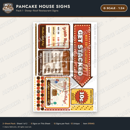 Alpine Railworks 31194G G Scale Pancake House Signs - Restaurant Front