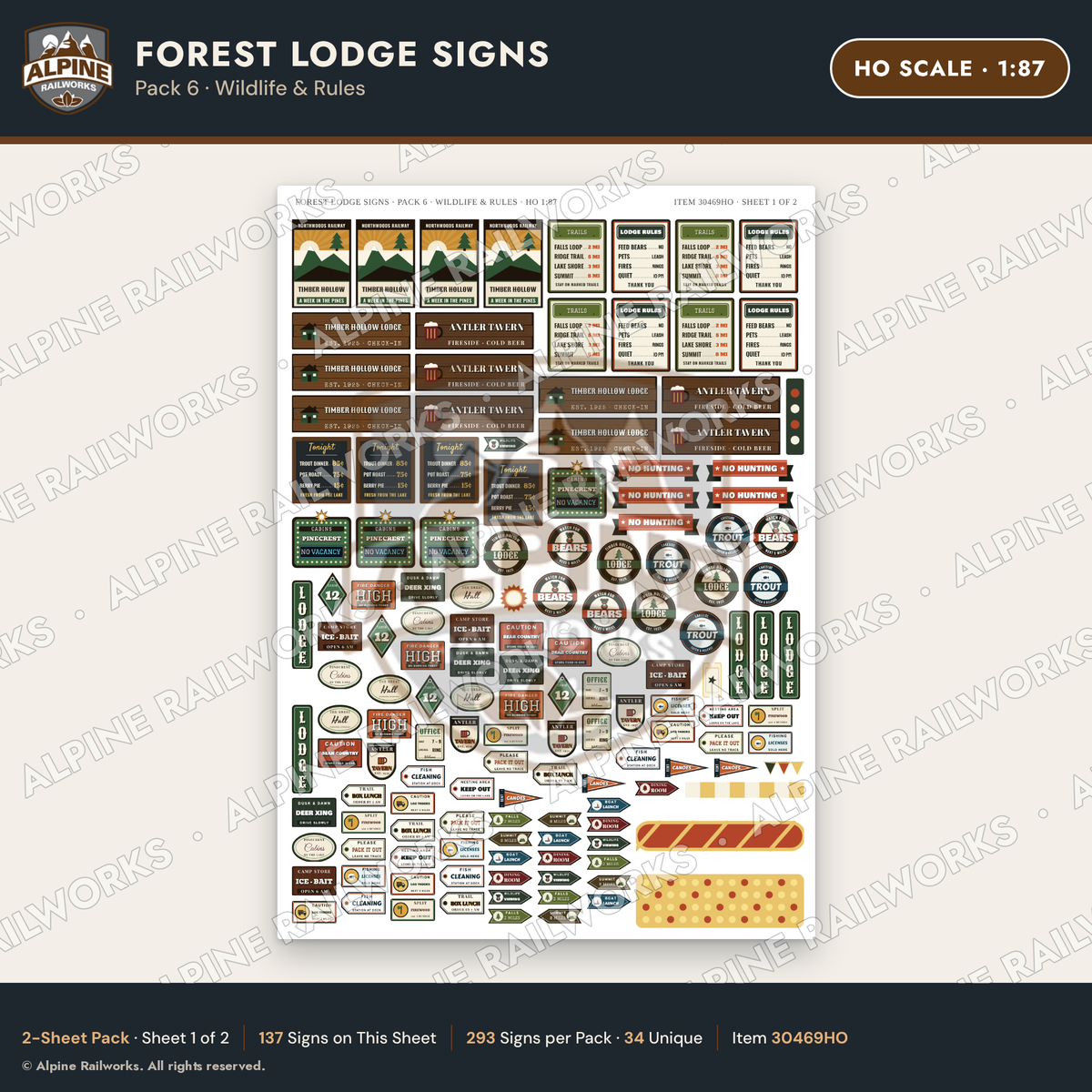 Alpine Railworks 30469HO HO Scale Forest Lodge Signs - Wildlife