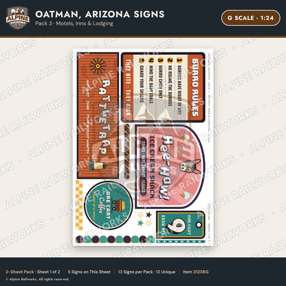 Alpine Railworks 31238G G Scale Oatman AZ Signs - Motels & Inns