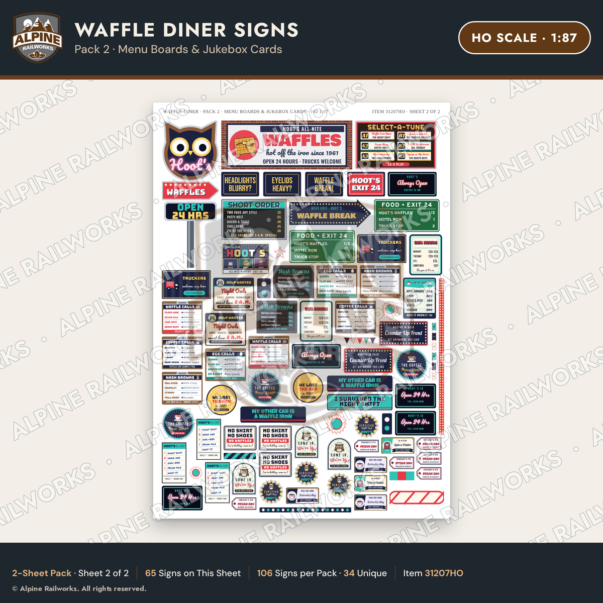 Alpine Railworks 31207HO HO Scale Waffle Diner Signs - Menu Boards