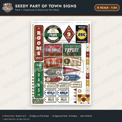 Alpine Railworks 30284G G Scale Seedy Part of Town Signs - Flophouse