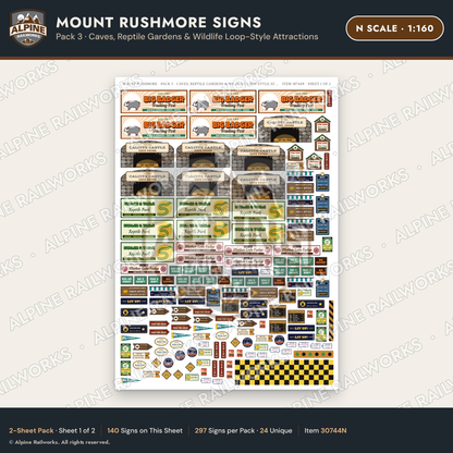 Alpine Railworks 30744N N Scale Tourist Signs - Mount Rushmore - Caves