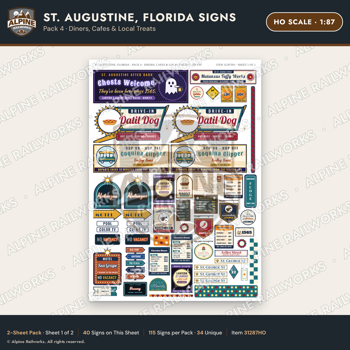 Alpine Railworks 31287HO HO Scale St. Augustine FL Signs - Diners